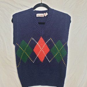 Vintage Sweater Vest Argyle Pullover Vicky Vaughn Junior Size XL Navy Blue